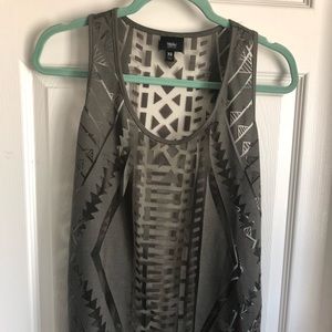 Sheer olive green shirt with geometric patterns